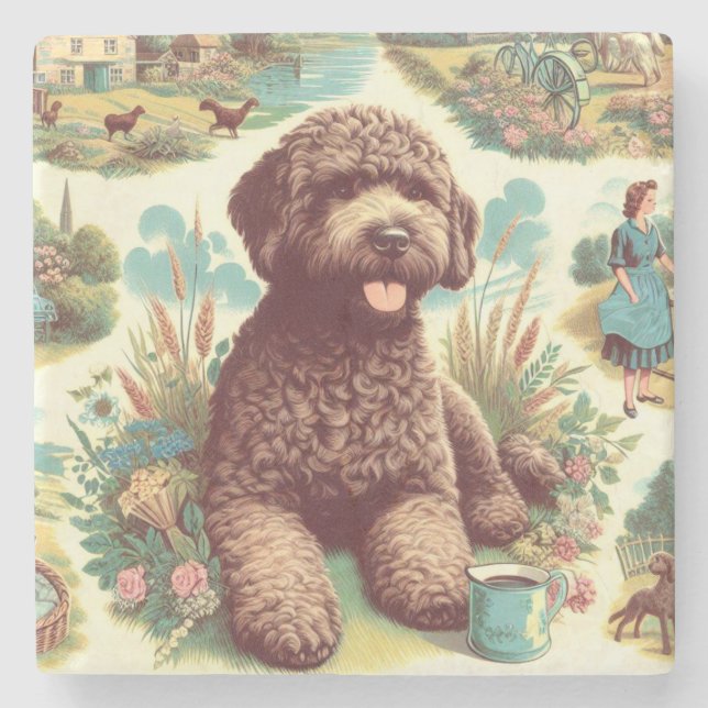 Vintage Lagotto Romagnolo Illustration Stone Coaster (Front)
