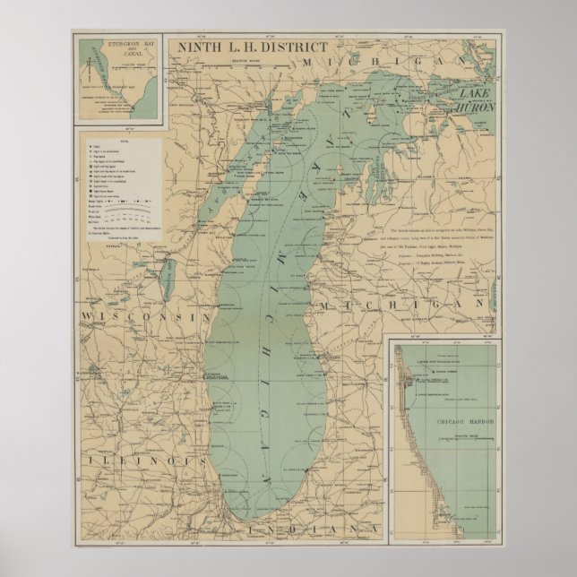 Vintage Lake Michigan Lighthouse Map (1898) Poster (Front)