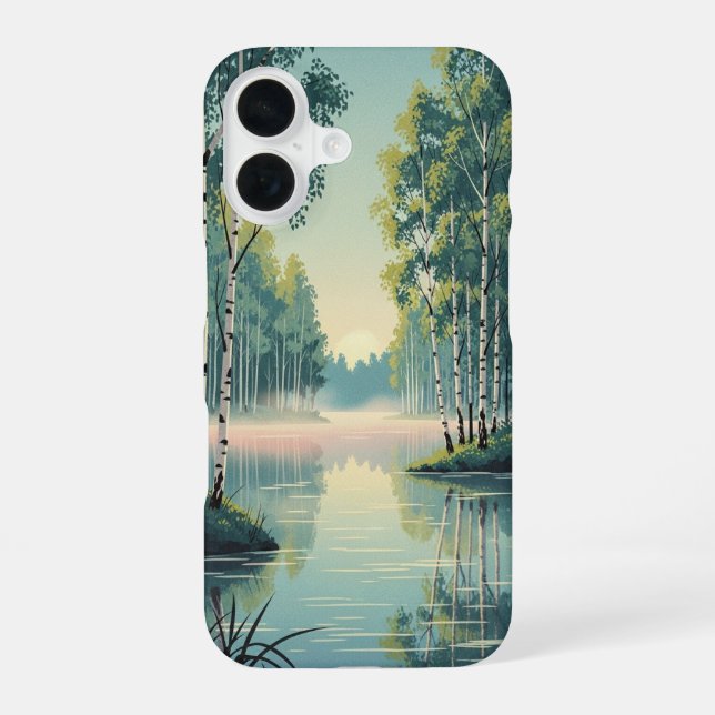 Vintage Lake Surrounded by Birch Trees iPhone 16 Case (Back)