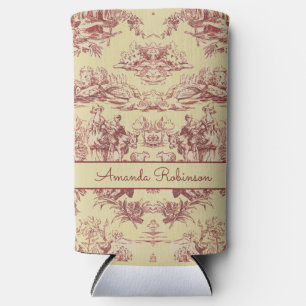 Vintage lake yellow red toile de jouy monogram seltzer can cooler