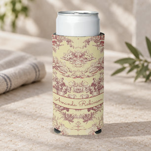 Vintage lake yellow red toile de jouy monogram seltzer can cooler