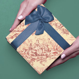 Vintage lake yellow red toile de jouy wrapping paper sheet