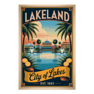 Vintage Lakeland Florida City of Lakes Retro Poster