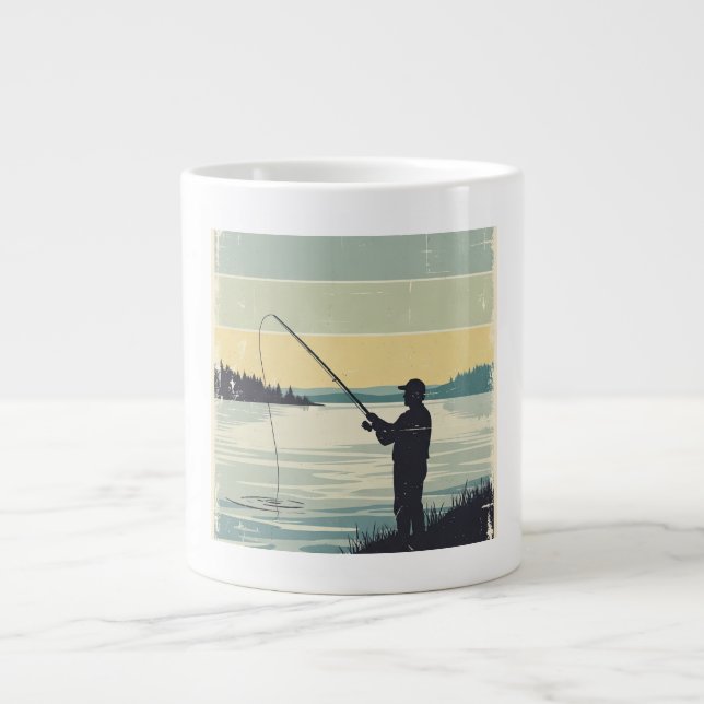 Vintage Lakeside Fishing Silhouette Large Coffee Mug (Front)