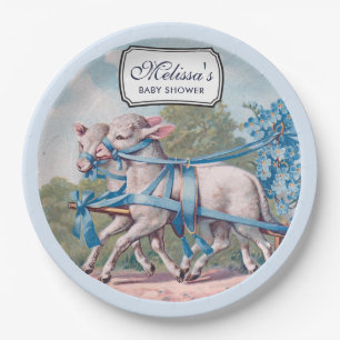 Vintage Lambs Dressed  in Blue Ribbons Baby Shower Paper Plate