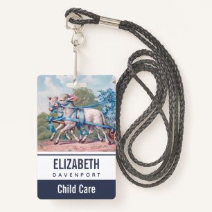 Vintage Lambs Dressed  in Fancy Blue Ribbons ID Badge