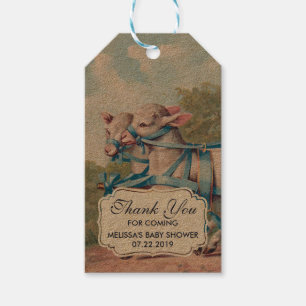 Vintage Lambs in Blue Ribbons on Stripes Thank You Gift Tags