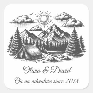 Vintage landscape drawing for wedding square sticker