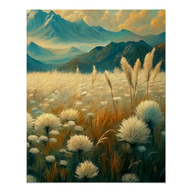 Vintage Landscape Mountains Wildflowers Poster (Front)