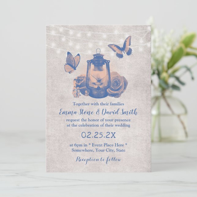 Vintage Lantern Butterfly & Flowers Rustic Wedding Invitation (Standing Front)