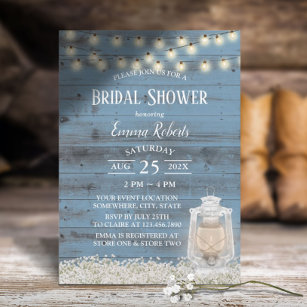 Vintage Lantern Dusty Blue Barn Wood Bridal Shower Invitation