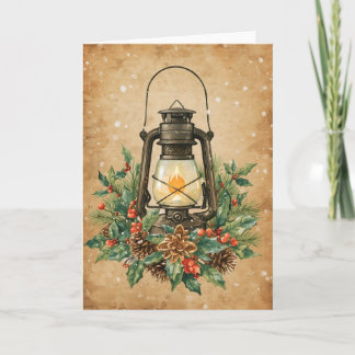 Vintage lantern holly pine rustic festive warm  card