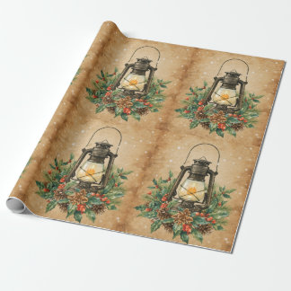 Vintage lantern holly pine rustic festive winter  wrapping paper