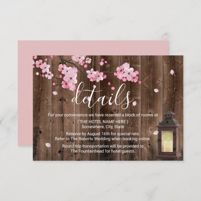 Vintage Lantern Pink Floral Wedding Details Invitation (Front/Back)