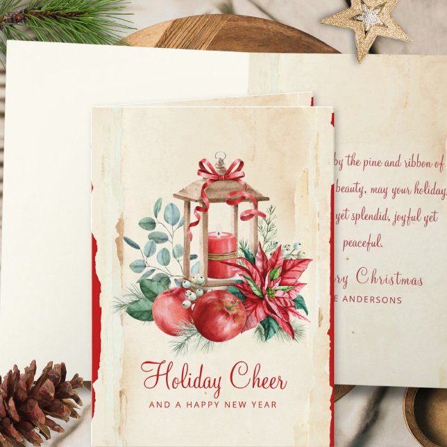 Vintage Lantern & Poinsettia Floral Christmas Holiday Card (Creator Uploaded)
