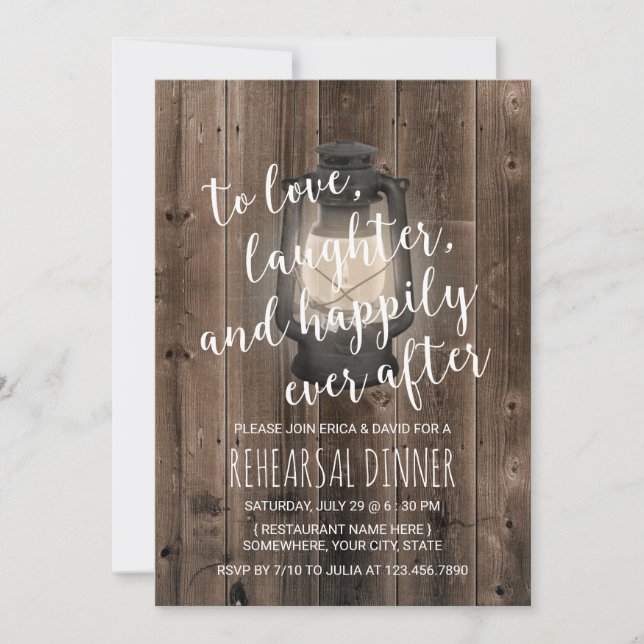 Vintage Lantern Rustic Barn Wood Rehearsal Dinner Invitation (Front)