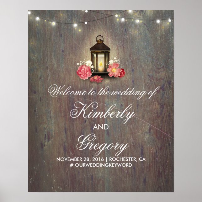 Vintage Lantern Rustic Wood Wedding Welcome Sign (Front)