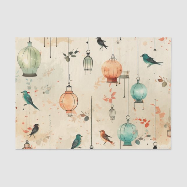 Vintage Lantern Style Birdcages Birds Decoupage Tissue Paper (Front)