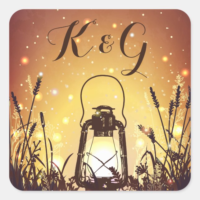 Vintage Lantern with Fireflies Wedding Monogram Square Sticker (Front)