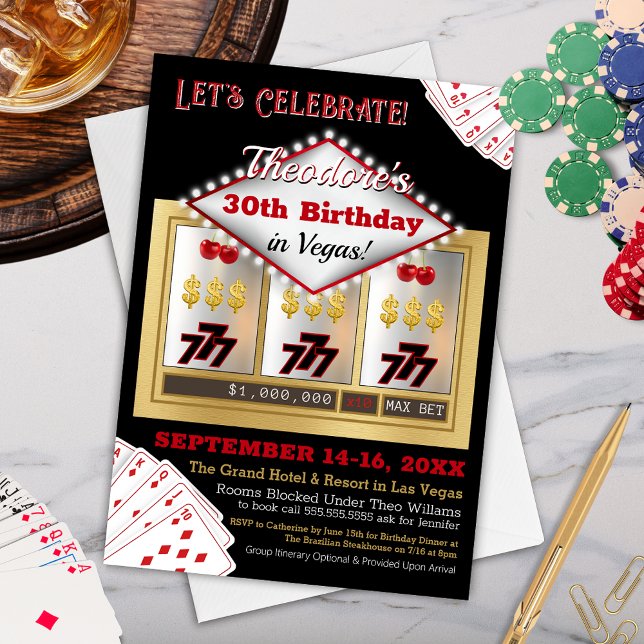 Vintage Las Vegas Casino Birthday Invitation (Personalized Casino Theme Birthday Invitation with Slot Machine for Las Vegas Gambling Party)