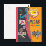 Vintage Las Vegas Gambling Travel Poster Art Postcard<br><div class="desc">Vintage illustration United States of America travel poster art,  FLY Las Vegas featuring a woman with sunglasses smoking a cigarette. She is standing next to a sun with gambling games and a tropical palm tree vacation scene.</div>