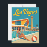 Vintage Las Vegas Mid-Century Pin-Up Pool Travel Postcard<br><div class="desc">This vintage-style travel poster captures the glamourous, retro vibe of Las Vegas. The design features a classic pin-up girl enjoying a drink by a vibrant poolside. The scene is set against a backdrop of mid-century modern architecture and a classic water tower, all under the bright blue desert sky. The art...</div>