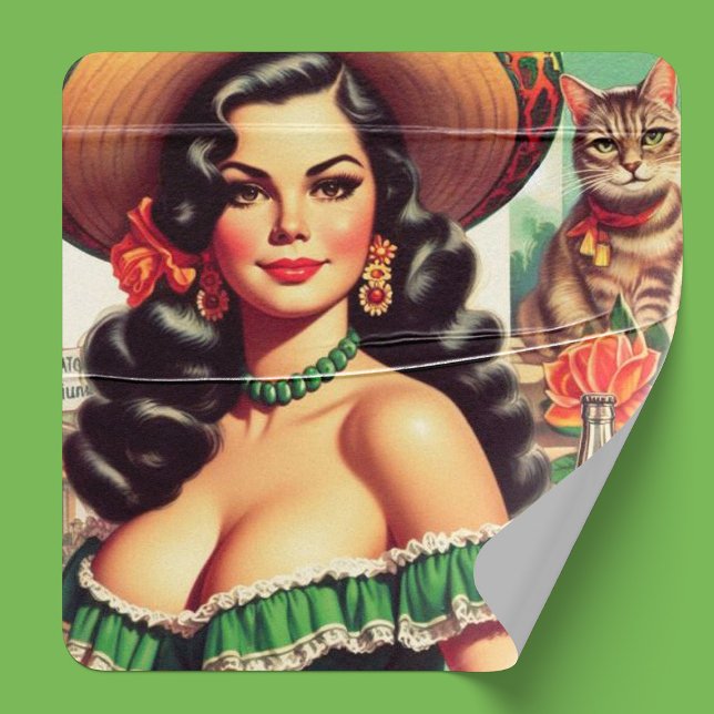 Vintage Latina Illustration Square Sticker (Creator Uploaded)