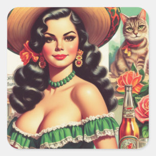 Vintage Latina Illustration Square Sticker