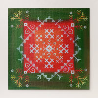 Vintage Latvian folk art with symbols oil painting