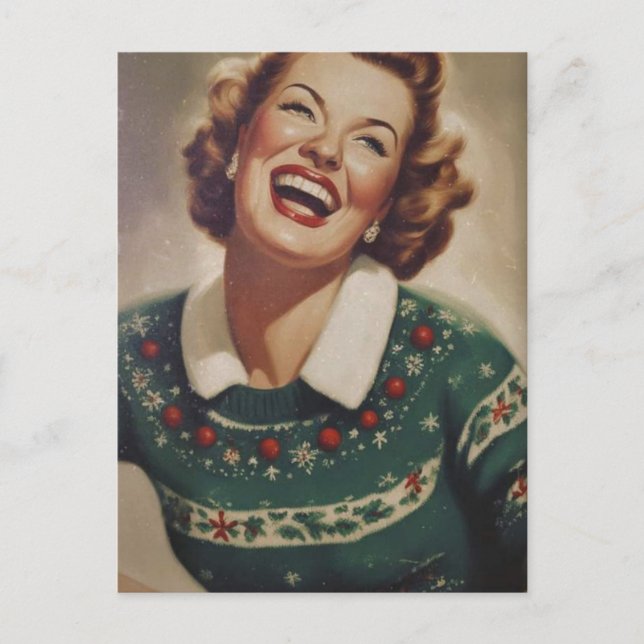Vintage Laughing Woman Christmas  Postcard (Front)