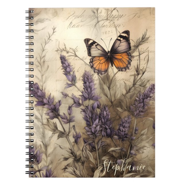 Vintage Lavender Butterfly Illustration Notebook (Front)