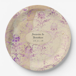 Vintage Lavender Damask Wedding Paper Plate