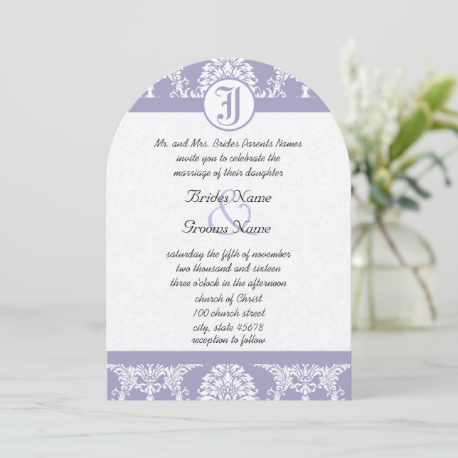 Vintage Lavender Damask Your Photo Wedding Invites (Standing Front)