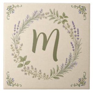 Vintage Lavender Monogram Herb Garden Wreath Ceramic Tile