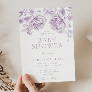 Vintage Lavender Purple Roses Baby Shower Invitation