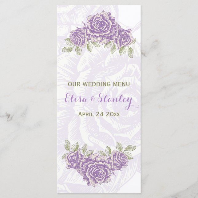 Vintage lavender purple roses wedding Menu card (Front)