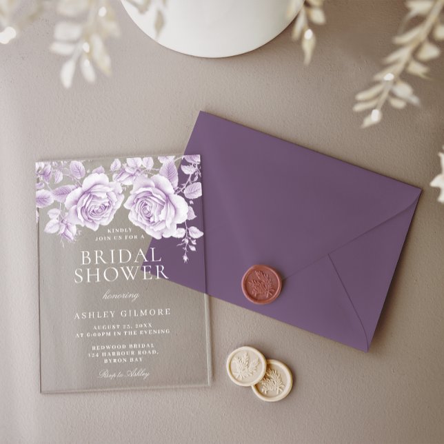 Vintage Lavender Roses Elegant Bridal Shower Acrylic Invitations (Creator Uploaded)