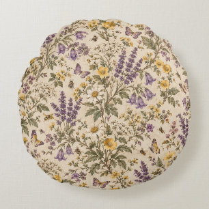 Vintage Lavender & Wildflower Meadow Pattern Round Cushion