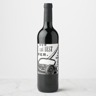 Vintage lawn mower advert wine label