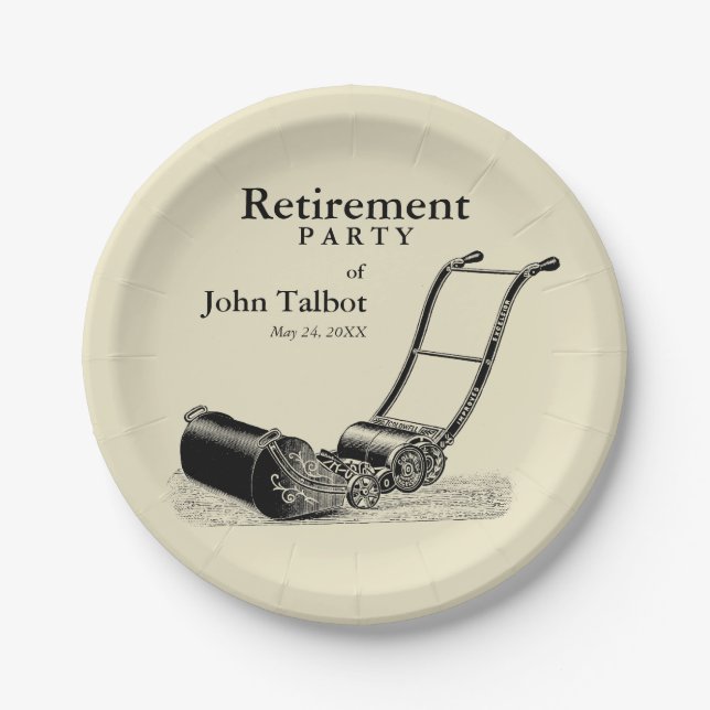 VINTAGE Lawn Mower Retirement Party Paper Plates (Front)