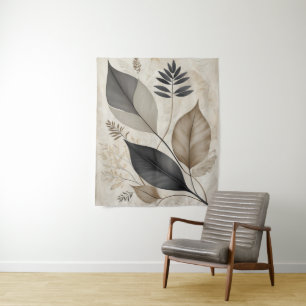 Vintage Leaf and Flower Neutral Botanical Sketch Tapestry