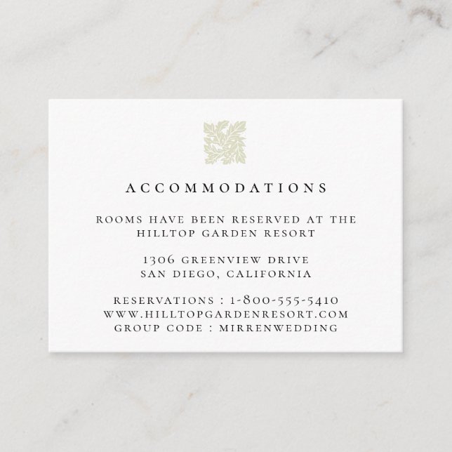 Vintage Leaf Logo Wedding Accommodations Enclosure Card (Front)