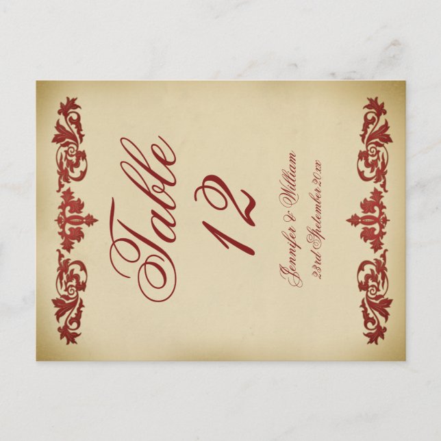 Vintage Leaf Scroll Wedding Table Number Postcard (Front)