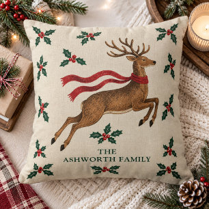 Vintage Leaping Reindeer Custom Family Name Cushion