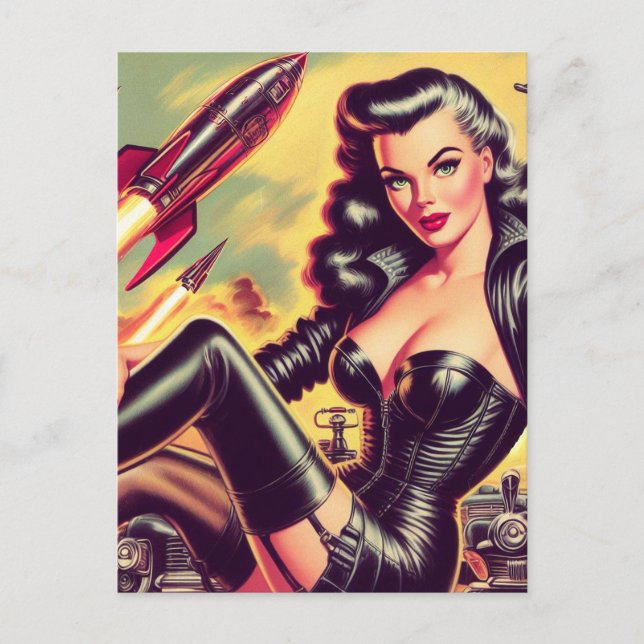 Vintage Leather Girl Sci-Fi Postcard (Front)
