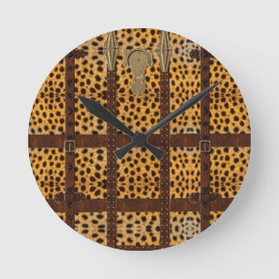 Vintage Leather Tribal Cheetah Animal Print Round Clock
