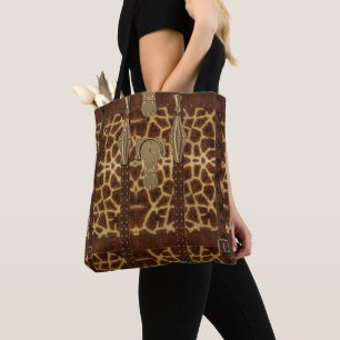 Vintage Leather Tribal Giraffe Animal Print Tote Bag
