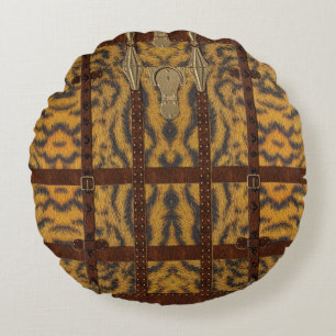 Vintage Leather Tribal Tiger Animal Print Round Cushion