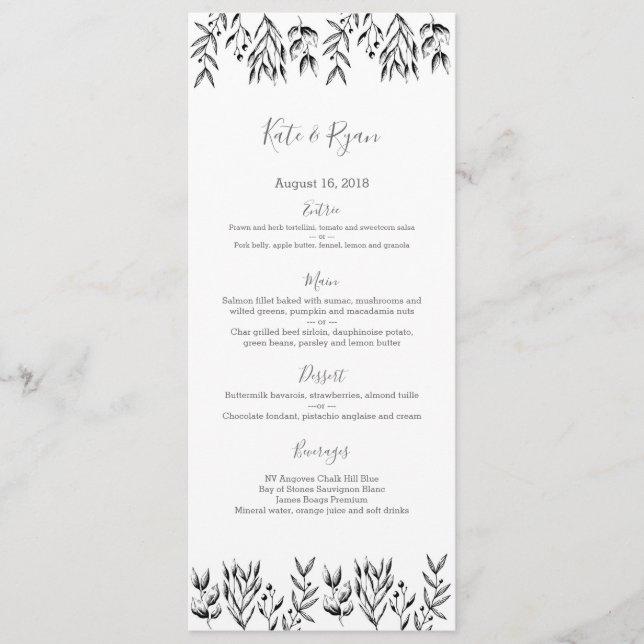 Vintage leaves grey Wedding Menu Card (Front)