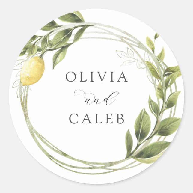 Vintage Lemon and Greenery Wedding  Classic Round Sticker (Front)